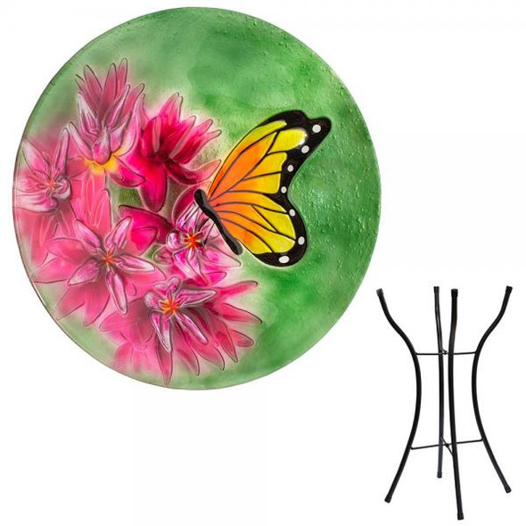 OakridgeStores.com | Songbird Essentials - Monarch on Milkweed Birdbath w/Stand (SE5079) 645194022119