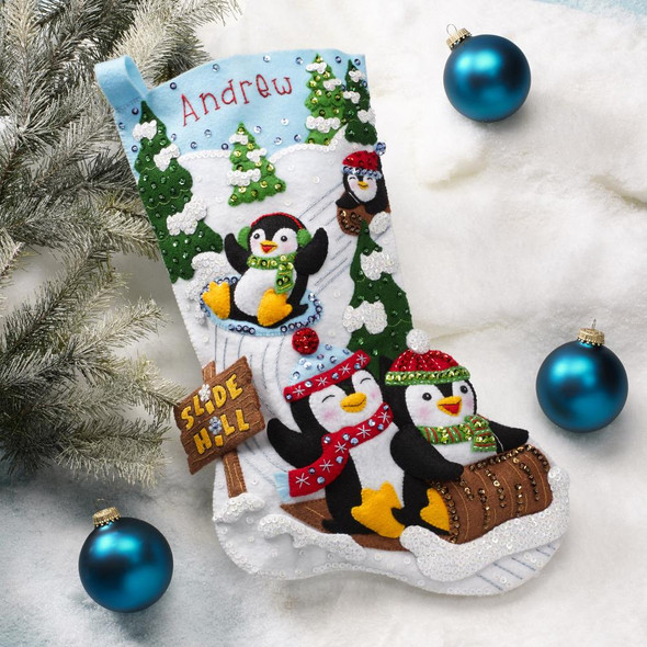 OakridgeStores.com | Bucilla - Felt Stocking Applique Kit 18" Long - Penguins At Play (89481E) 046109894812