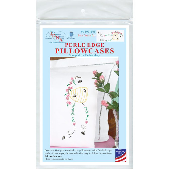 OakridgeStores.com | Jack Dempsey - Stamped Pillowcases W/White Perle Edge 2/Pkg - Bee Grateful (1600 665) 013155856651