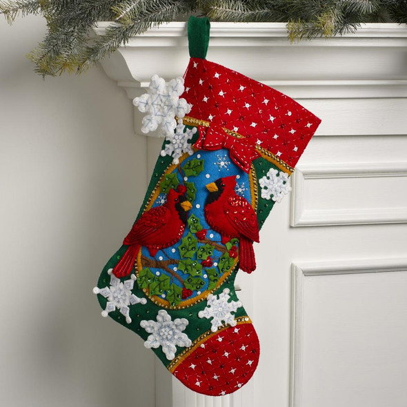 OakridgeStores.com | Bucilla - Felt Stocking Applique Kit 18" Long - Christmas Cardinals (89483E) 046109894836
