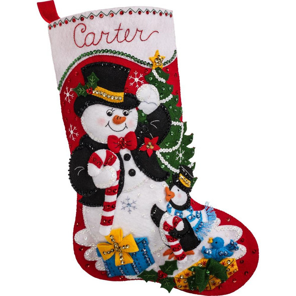 OakridgeStores.com | Bucilla - Felt Stocking Applique Kit 18" Long - Dapper Snowman (89530E) 046109895307