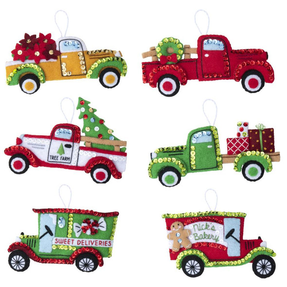 OakridgeStores.com | Bucilla - Felt Ornaments Applique Craft Kit Set Of 6 - Vintage Trucks (89285E) 046109892856