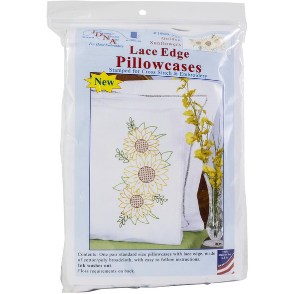 OakridgeStores.com | Jack Dempsey - Stamped Pillowcases W/White Lace Edge 2/Pkg - Golden Sunflowers (1800 721) 013155877212