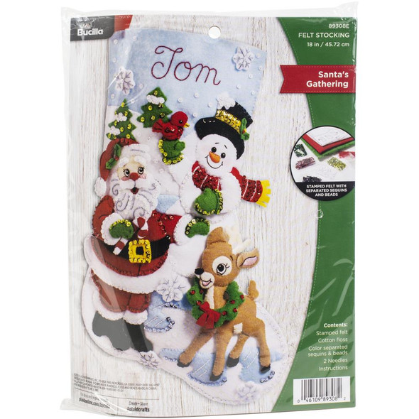 OakridgeStores.com | Bucilla - Felt Stocking Applique Craft Kit 18" Long - Santa's Gathering (89308E) 046109893082