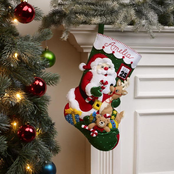 OakridgeStores.com | Bucilla - Felt Stocking Applique Craft Kit 18" Long - Santa And Friends 046109893303