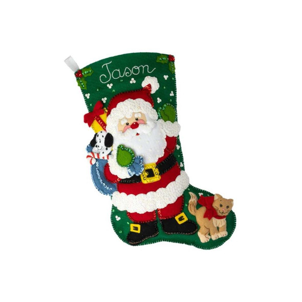 OakridgeStores.com | Bucilla - Felt Stocking Applique Craft Kit 18" Long - Santa's Furry Friends 046109894478