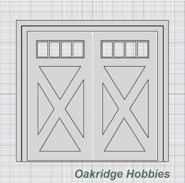 OakridgeStores.com | Oakridge Minis - Double Crossbuck Barn Doors with Windows, Frame and Trim - 10' x 10' Scale Size - G Scale 1:24 Model Miniature - 1020-24