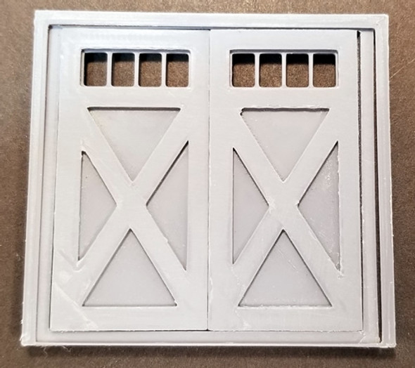 OakridgeStores.com | Oakridge Minis - Double Crossbuck Barn Doors with Windows, Frame and Trim - 10' x 10' Scale Size - O Scale 1:48 Model Miniature - 1020-48