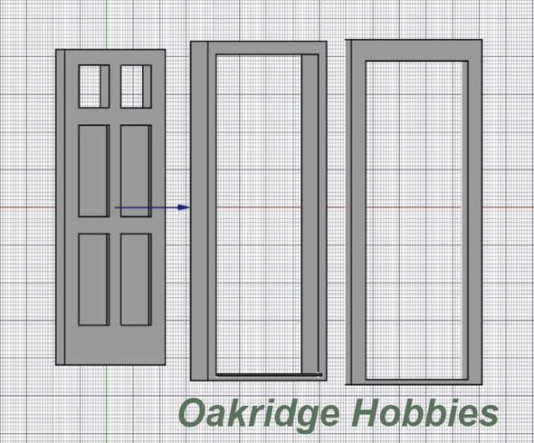 Oakridge Minis - Residential Inset 4 Panel Door with 2 Pane Window, Frame and Trim - 3' x 7' Scale Size - 1:32 Scale Model Miniature - 1046-32