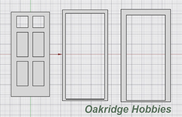 Oakridge Minis - Residential Inset 4 Panel Door with 2 Pane Window, Frame and Trim - 3' x 7' Scale Size - O Scale 1:48 Model Miniature - 1046-48
