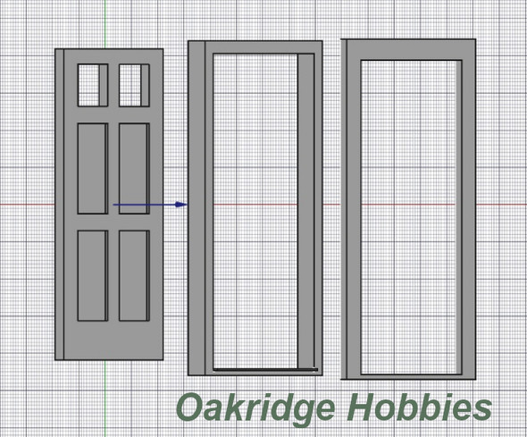 Oakridge Minis - Residential Inset 4 Panel Door with 2 Pane Window, Frame and Trim - 3' x 7' Scale Size - HO Scale 1:87 Model Miniature - 1046-87