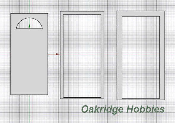 OakridgeStores.com | Oakridge Minis - Shallow Depth Residential Plain Door with Half Round Window, Frame and Trim - 3' x 7' Scale Size - 1" Scale 1:12 Model Miniature - 1048-12