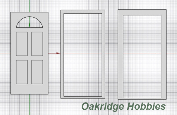 OakridgeStores.com | Oakridge Minis - Residential Inset 4 Panel Door with Half Round Window, Frame and Trim - 3' x 7' Scale Size - 1" Scale 1:12 Model Miniature - 1050-12