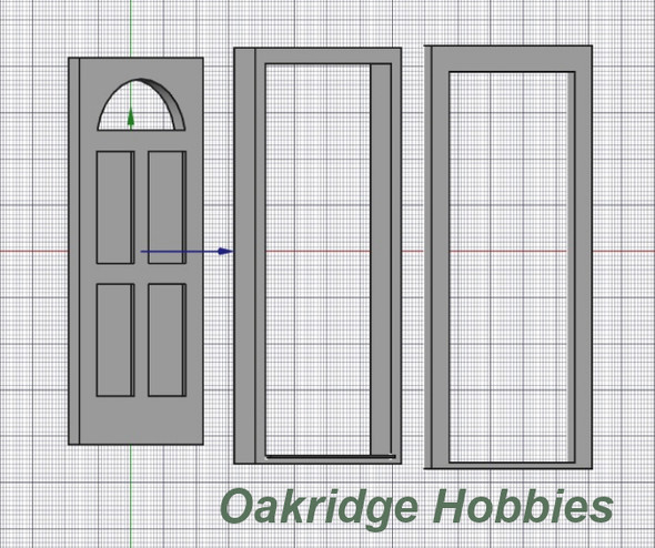OakridgeStores.com | Oakridge Minis - Residential Inset 4 Panel Door with Half Round Window, Frame and Trim - 3' x 7' Scale Size - 1" Scale 1:12 Model Miniature - 1050-12