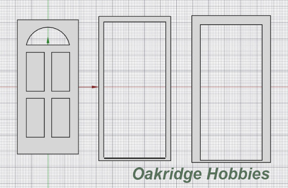 OakridgeStores.com | Oakridge Minis - Residential Inset Panel Door with Half Round Window, Frame and Trim - 3' x 7' Scale Size - 1:64 Scale Model Miniature - 1051-64