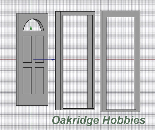 OakridgeStores.com | Oakridge Minis - Residential Inset Panel Door with Half Round Window, Frame and Trim - 3' x 7' Scale Size - 1:64 Scale Model Miniature - 1051-64