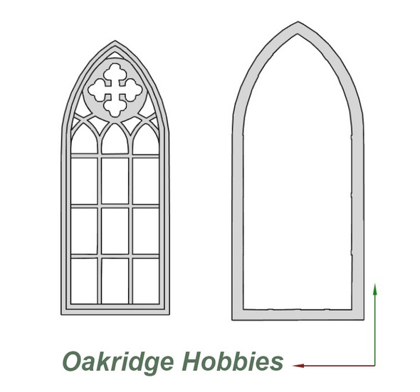 OakridgeStores.com | Oakridge Minis - Shallow Depth Large Gothic Arched (Church) Casement Window with Cross and Tracery - 1" Scale 1:12 Model Miniature - 1061-12