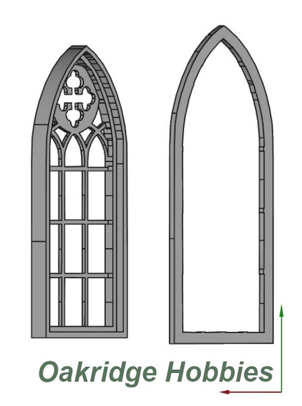 OakridgeStores.com | Oakridge Minis - Shallow Depth Large Gothic Arched (Church) Casement Window with Cross and Tracery - G Scale 1:24 Model Miniature - 1061-24