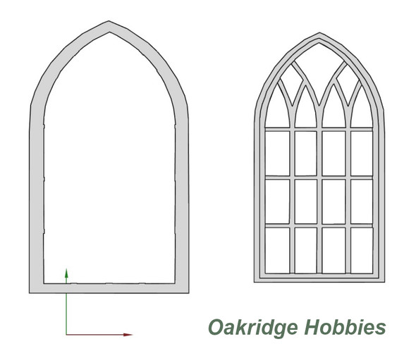 OakridgeStores.com | Oakridge Minis - 7x4 Large Wide Gothic (Church) Arched Casement Window with Tracery - O Scale 1:48 Model Miniature - 1062-48