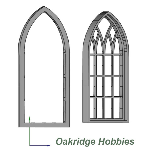 OakridgeStores.com | Oakridge Minis - 7x4 Large Wide Gothic (Church) Arched Casement Window with Tracery - 1:64 Scale Model Miniature - 1062-64