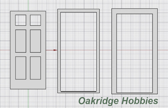 Oakridge Minis - Residential Inset 4 Panel Door with 2 Pane Window, Frame and Trim - 3' x 7' Scale Size - G Scale 1:24 Model Miniature - 1046-24