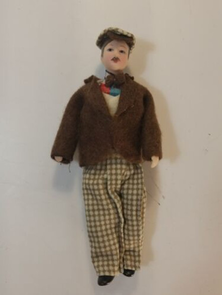 RESALE SHOP - Dollhouse Miniature 1:12 Scale Porcelain Doll Man With Tweed Cap And Brown Coat