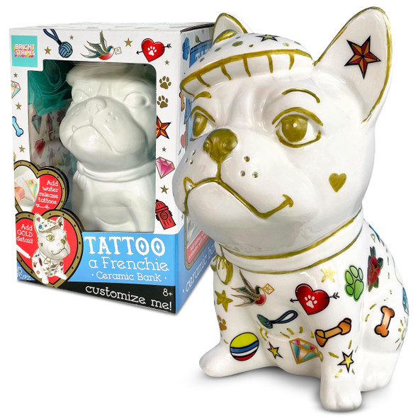 OakridgeStores.com | BRIGHT STRIPES Tattoo a Frenchie - Ceramic Dog Bank - Decorate and Paint Craft Kit (BTST-001) 860008229403