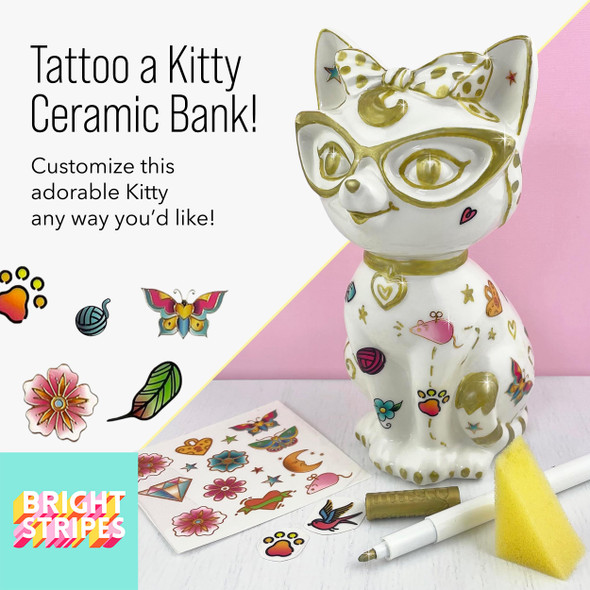 OakridgeStores.com | BRIGHT STRIPES Tattoo a Kitty - Ceramic Cat Bank - Decorate and Paint Craft Kit (BTST-002) 860008229410