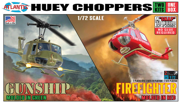 OakridgeStores.com | Atlantis - Huey Chopper 2 Pack Fire Fighter and Gunship - 1/72 Scale Plastic Kit (M1026) 850002740219