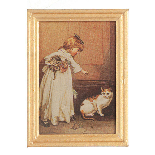 OakridgeStores.com | AZTEC - Wood Framed Painting with Girl and Cat - 1" Scale Dollhouse Miniature (B3328) 717425333285