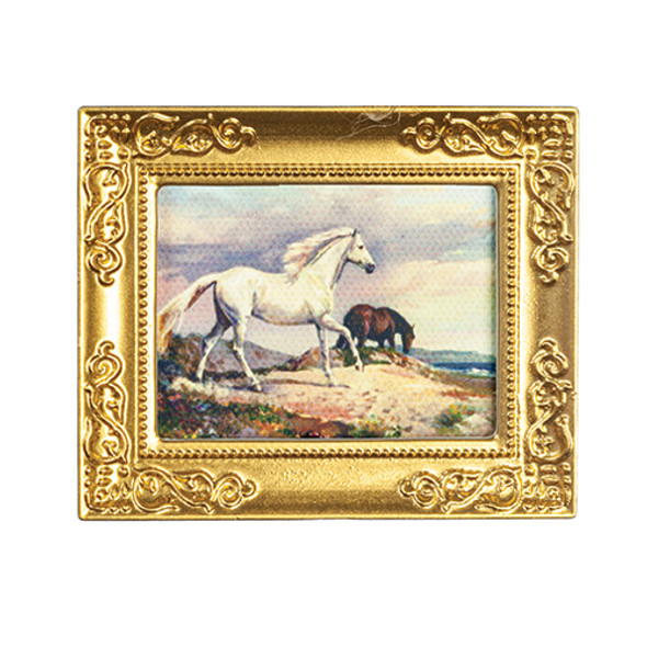 OakridgeStores.com | AZTEC - Gold Framed White Horse Painting - 1" Scale Dollhouse Miniature (B3383G) 717425233837