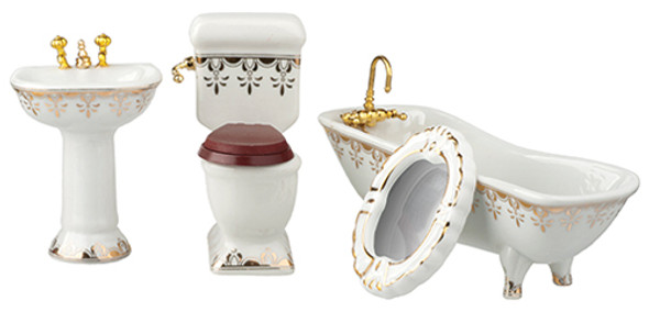 OakridgeStores.com | AZTEC - 4 Piece White And Gold Bathroom Set - 1" Scale Dollhouse Miniature (B5207) 717425552075