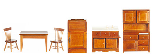 OakridgeStores.com | AZTEC - 6 Piece Walnut Kitchen Set With Cabinet - 1" Scale Dollhouse Miniature (D0145) 726348001454