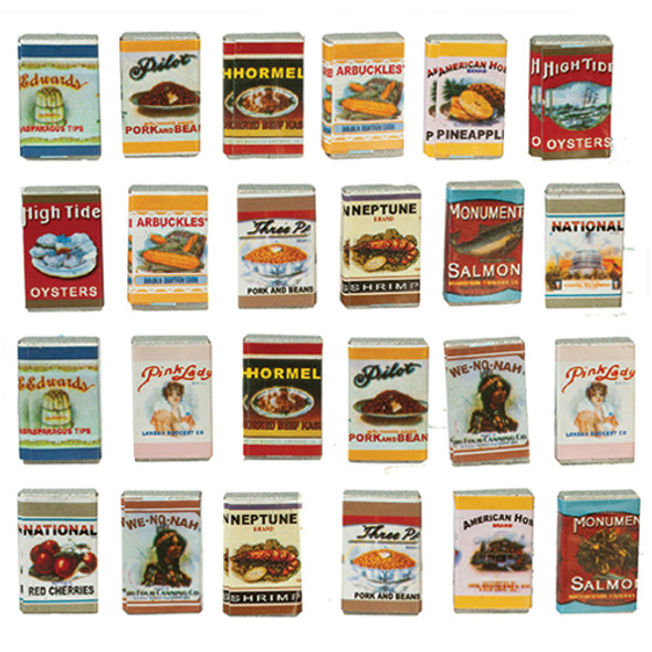 OakridgeStores.com | AZTEC - 24 Piece Square Old Fashioned Grocery Tins - 1" Scale Dollhouse Miniature (H2277) 717425722775