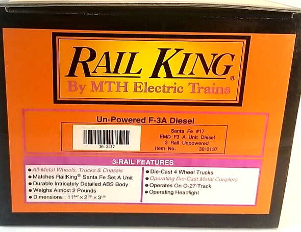 RESALE SHOP - MTH Rail King #302137 O Scale Santa Fe Unpowered EMD F3A Diesel - 3 rail - NIOB