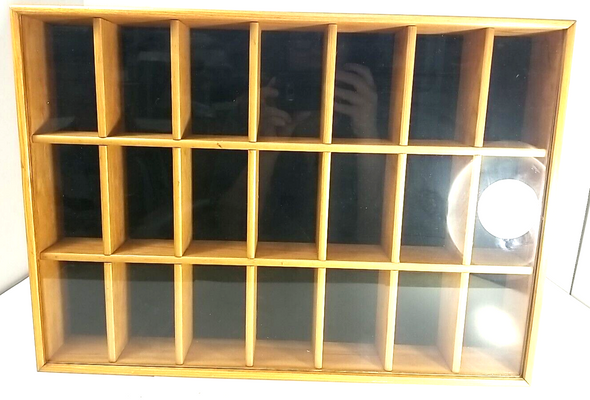 RESALE SHOP - Wooden Display Case With Multiple Slots For Display- glass front - preowned