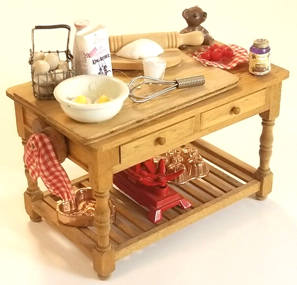 RESALE SHOP - OOAK 1:12 Dollhouse Wooden Baking Table with Accessories - preowned