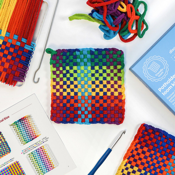 OakridgeStores.com | Friendly Loom - 7" Potholder Kit Green Metal Loom and Bright Rainbow Color Cotton Loops F550 746331055509