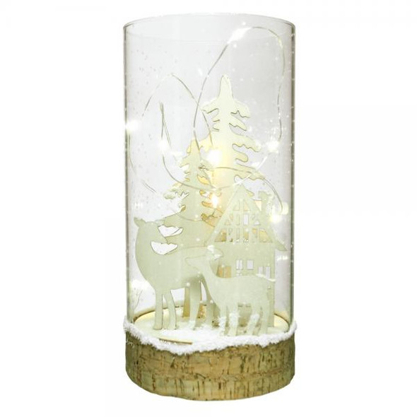 OakridgeStores.com | Gift Essentials - Wooden Deer Scene - 8 Inch LED Cylinder - GE3080 645194086197