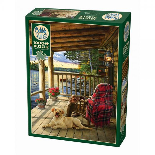 OakridgeStores.com | Cobble Hill - Cabin Porch - Yellow Labrador - 1000 Piece - OMP40149 625012401494