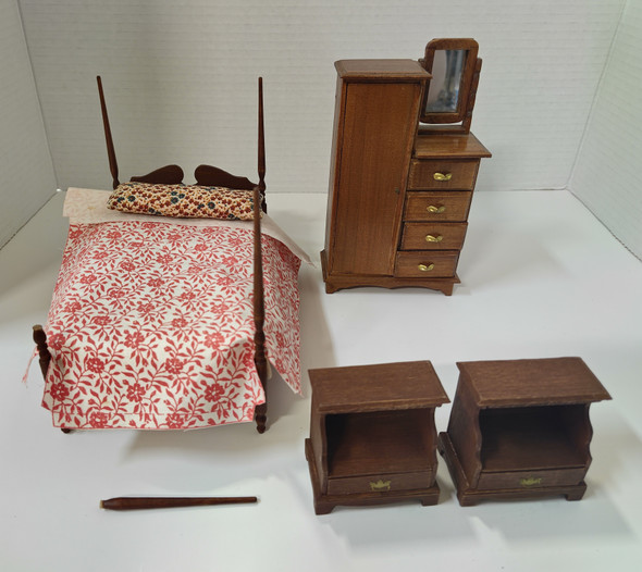 RESALE SHOP - Dollhouse Miniature 1:12 Bedroom Set With Red Patterned Bed And Storage