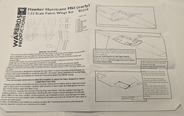 RESALE SHOP - Warbirds Productions #B3218 Hawker Hurricane MkI (EARLY) 1/32 Fabric Wing
