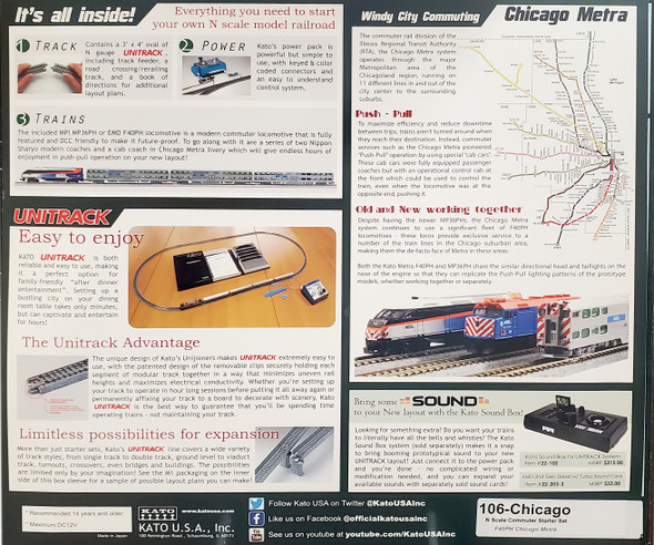 OakridgeStores.com | Kato - N F40PH Chicago Metra 'City of Chicago' Gallery BiLevel Commuter Train Starter Set - 106CHICAGO 4949727698175