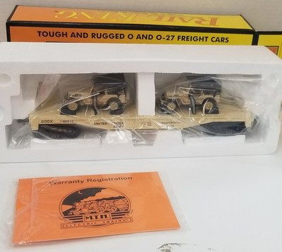 RESALE SHOP - Rail King MTH US Army Flat Car With 2 Tan Willy's Jeep O GAUGE 30-76125 - RIOR-30-76125-NOB4866