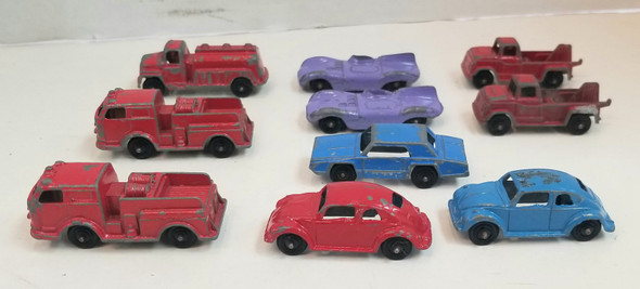 RESALE SHOP - Lot of 10 60s Tootsie toy Jaguar Wrecker, Oil Tanker, Fire Truck, Beetle, T Bird - TERO-TOOTSIELOT-U5116