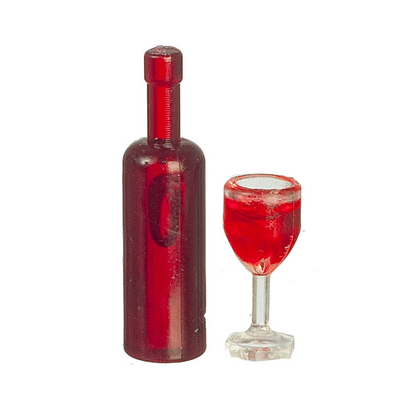 OakridgeStores.com | Aztec - Red Wine Bottle with Filled Glass - 1:12 Scale Dollhouse Miniature - B0483