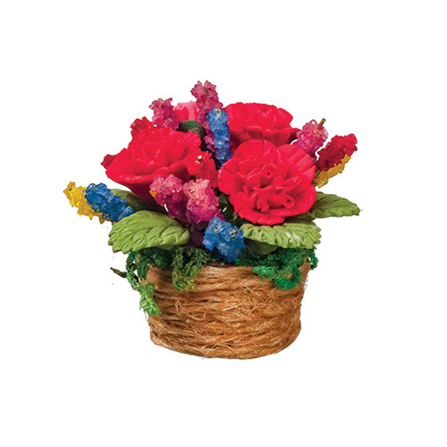 OakridgeStores.com | Aztec - Red Carnations in Basket - 1" Scale Dollhouse Miniature Plant - B0546
