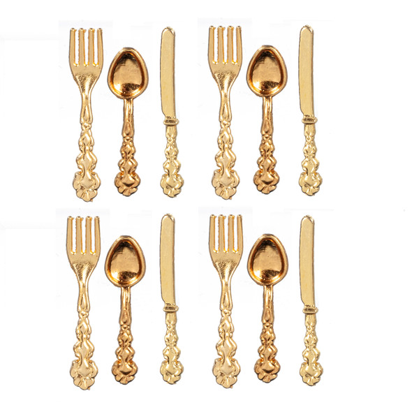 OakridgeStores.com | Aztec - Silverware Set - Gold - 12 pcs - 1" Scale Dollhouse Miniature - B3235