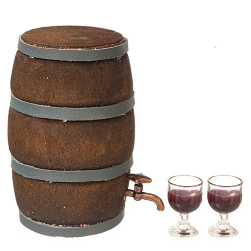 OakridgeStores.com | Aztec - Wine Barrel with Glasses - 1" Scale Dollhouse Miniature - B3262