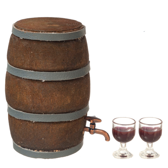 OakridgeStores.com | Aztec - Wine Barrel with Glasses - 1" Scale Dollhouse Miniature - B3262